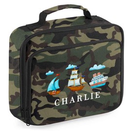 Kids Custom Boats Lunch Bag Boys Girls Ocean Themed Lunchbox for New Term Toddlers Infants Back to School Nursery Gift, 24cm x 20cm x 8cm, Camo