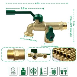 Zyklonix Outdoor Faucet Double Outlet, 1/2 Inch Male Inlet NPT Thread,Wall Mounted Lead-Free Brass Tap with Dual 3/4 inch Outlet,2 Way Splitter,Ball Valves Spigot,for Garden Hose Connector