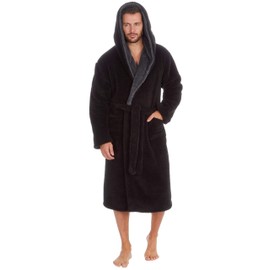 MICHAEL PAUL Dressing Gowns for Men | Super Soft Snuggle Hooded Dressing Gown |Men's Warm and Cozy Fleece Nightwear Robe | Gifts for Him BLACK grey M
