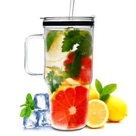 ONEHAUS Glass Tumbler with Straws and Lids, 40oz Large Glass Coffee Tumbler with Handle, Clear Water Bottle for Car, Camping, Travel, and Outdoor Activities