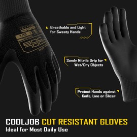 COOLJOB A3 Cut Resistant Fishing Gloves for Men, Touchscreen Safety Work Gloves with Grip Nitrile Rubber Coating for Glass Handling Wood Carving, Saltwater Fishing Gear, Black, Xlarge, 12 Pairs