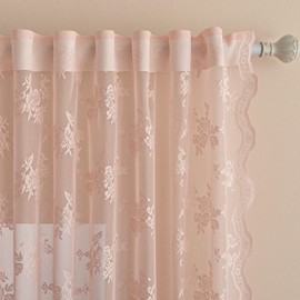 MEETSKY Pink Lace Curtains 45 Inch Length Vintage Victorian French Pretty Cute for Girls Room Light Filtering Privacy Protect Back Tab Rod Pocket Sheer Drapes, 50" Wx45 L, 2 Panels, Light Pink