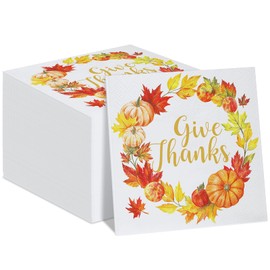 Chinco 50 Pieces Fall Thanksgiving Paper Napkins Disposable Cocktail Give Thanks Dinner Napkins Luncheon Leaf Pumpkin Garland Autumn Napkins for Party Supplies Table Decor (4.5 x 4.5 Inch)