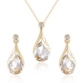 EleQueen Austrian Crystal Leaf Teardrop Necklace Dangle Earrings Sets Valentine's Day/Mother's Day Christmas Jewelry Gift for Women Her Clear Gold-Tone