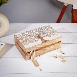 Ajuny Wooden Handcrafted Decorative Jewelry Storage Box Tree of Life Design White Multipurpose Treasure Chest Organizer Travel Keepsake Trinket Holder Watch Box Gifts 8x5 Inch