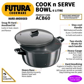 Hawkins Futura 6 Litre Cook n Serve Bowl, Hard Anodised Saucepan with Hard Anodised Lid, Sauce Pan for Cooking and Serving, Black (ACB60) (Aluminium)