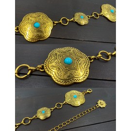 BEMYLV Western Concho Belts for Women Turquoise Flower Bronze Metal Chain Cowgirl Belt for Dresses Jeans