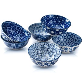 AntoKueh Blue and White Ceramic Bowls Set of 6, 10 oz Small Dessert bowl 4.7in for ice cream, Snack, Porcelain bowl for Dipping, Microwave & oven Safe