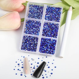 Beadsland 7200pcs Flatback Rhinestones, Clear Rhinestones, Nail Gemstones, Round Crystal Rhinestones for Crafts, Mixed 6 Sizes with Wax Crayon Kit, SS3-SS10, Sapphire Blue