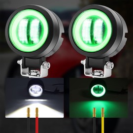 Ygmylandbb Motorcycle LED Driving Fog Lights, Motorbike Driving Light, 20W Auxiliary Spot Lights Pod for Motorcycle, DRL/Angel Eye, Include Switch (White Beam with Green Ring) 12V/24V 3inch 2Pcs