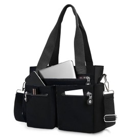 Dericwsy Tote Bag for Women With Compartments,Waterproof Canvas Hobo Bag for Women, Crossbody Purse Bag with Multiple Pockets (Black)