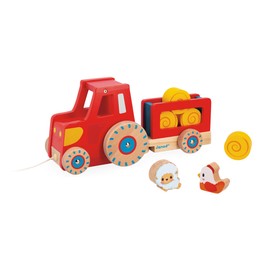 Janod - Tractor for pulling - Baby and toddler toy - 1 toy tractor + 6 accessories - Low-noise wheels - Promotes motor skills - FSC wood toy - From 12 months, J03317