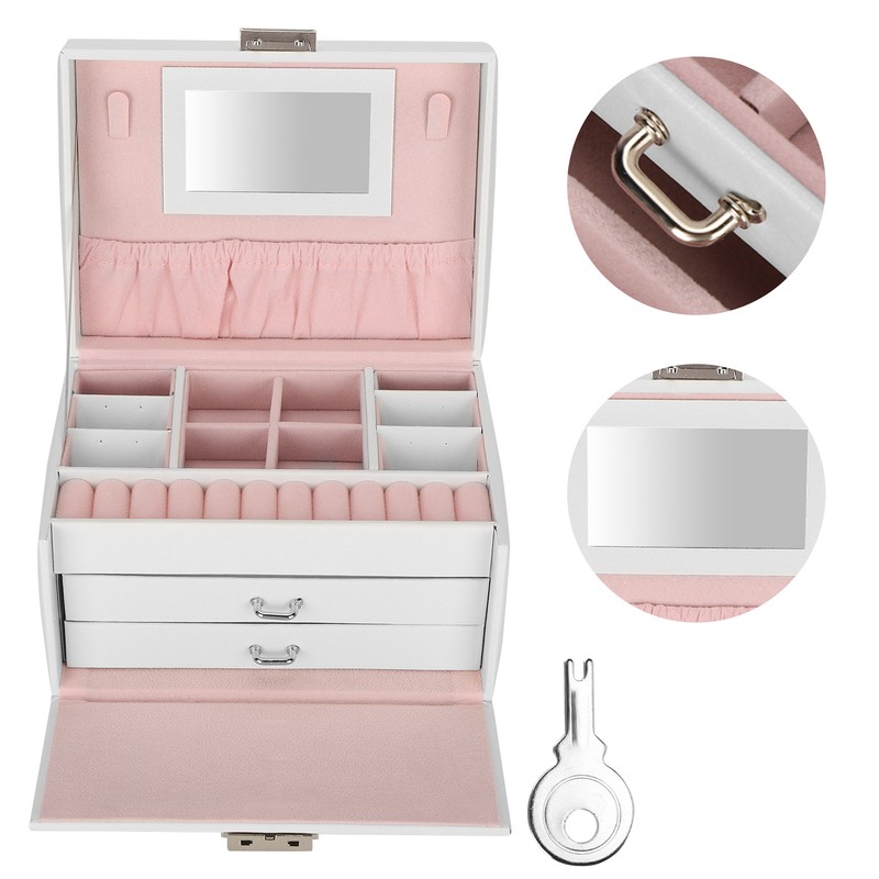 Three Layer Jewelry Storage Box PU Leather Necklace Rings Earrings