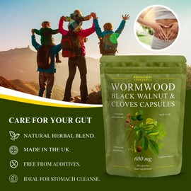 Wormwood Black Walnut & Cloves | Cleanse for Humans | High Strength 600mg. 2 Months Supply | 60 Capsules | Intestinal Detox. Vegan Supplement and UK Made.