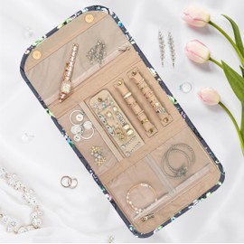 PAVILIA Travel Jewelry Case Organizer, Foldable Jewelry Travel Roll Bag, Small Jewelry Travel Pouch Wallet for Earrings, Rings, Necklaces, Bracelets, Travel Packing Accessories (Floral Gray)