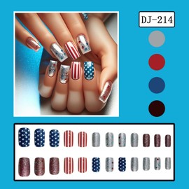24pcs Independence Day Press on Nails July 4th Fake Nails Full Cover Medium Length with Star Stripe Rhinestones designs Patriotic False Nails Glitter Red Blue White Acrylic Nails for Women