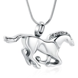 Minicremation Running Horse Shape Urn Pendant Cremation Ashes Jewelry Urn Necklace for Ashes Stainless Steel Funeral Keepsake Necklace(Silver)