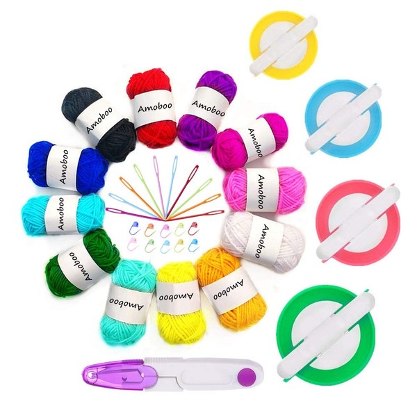 KNEWMART Pom Pom Maker, 4 Sizes Fluff Ball Weaver Needle Pompom Maker Sets Contains 12 Pieces Yarn + 1 Piece Scissors + 10 Pieces Knitting Stitch Markers + 10 Pieces Plastic Needles (37)
