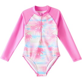 Angel season Girls Long Sleeve Swimsuits One Piece Rash Guard Bathing Suit UPF50+ Toddler Kids Zipper Swimwear Size 2-10, Pink Hawaiian, 6-7 Years