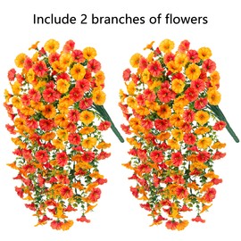 2 PCS Artificial Faux Hanging Flowers Plants for Outdoor Decor,Fake Silk Morning Glory with Eucalyptus UV Resistant Realistic Vine for Wall Home Porch Patio Balcony Yard Indoor Decor,Yellow and Orange