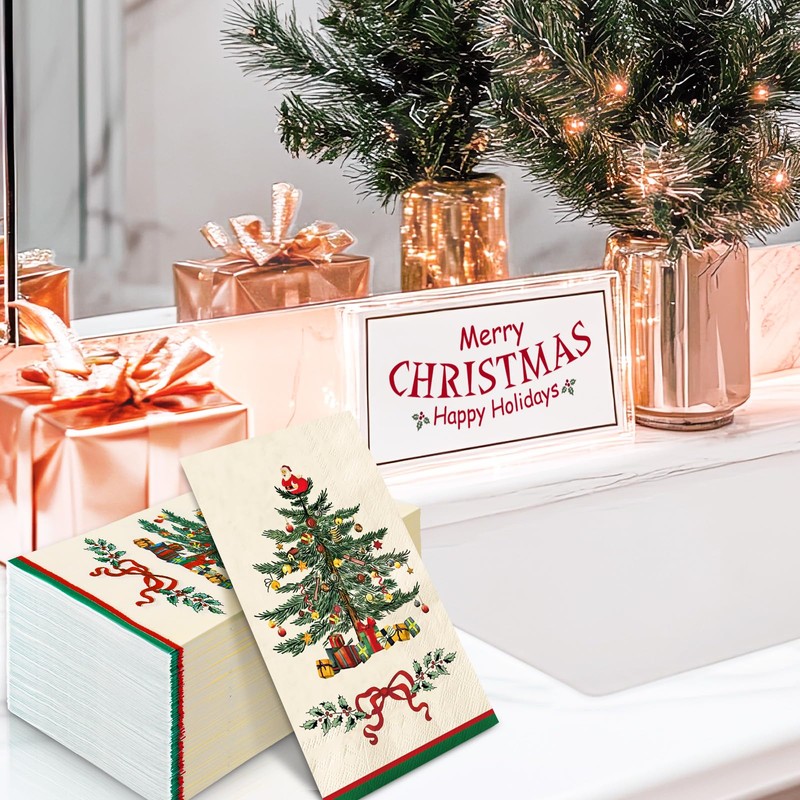 100Pcs Christmas Guest Napkins Retro Xmas Tree Disposable Paper Napkin