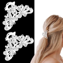 2 PCS Rhinestone Hair Claw Clips for Women, Fancy Sparkly Crystal Bling Silver Claw Clips Fashion Glitter Diamond Vintage Bride Hair Accessories for Wedding Party Dance Prom Date