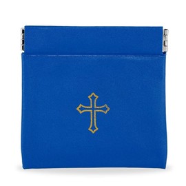 Squeeze-Top Faux Leather Rosary Pouch - Compact Blue Vinyl Case for Rosary Beads with Cross Imprint - Keeps Prayer Beads Protected for Travel - Fits Easily in Purse, Pocket, Car, Retreats & Church Use