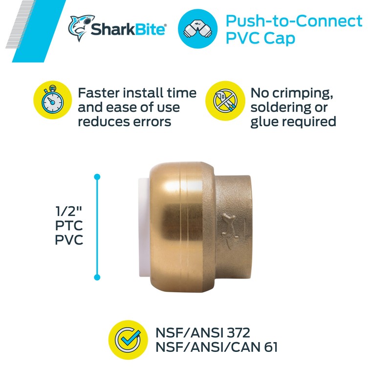 SharkBite 1/2 Inch PVC Cap, Push to Connect Brass Plumbing