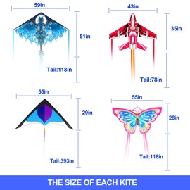 Mint's Colorful Life 4 Pack Kites for Kids and Adults, Easy to Fly Large Butterfly Delta Airplane Dragon Kite, Beach Kite with 300ft String, Best for Gifts & Family Outings