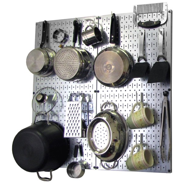 Wall Control Kitchen Pegboard Organizer Pots and Pans Pegboard Pack Storage and Organization Kit with Metallic Silver Pegboard and White Accessories