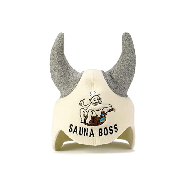Natural Textile Sauna Hat 'Sauna Boss Devil' White - 100% Organic Wool Felt Hats for Russian Banya - Protect Your Head from Heat - English Sauna eBook Guide Included - with Embroidery