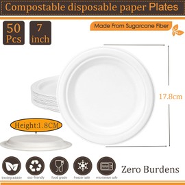 50Pack Disposable Paper Plate Heavy Duty Plates 7 inch,Extra Strength White Disposable Paper Plate for hot food Super Rigid Strong Plates Bagasse Plates 18cm for Christmas,Birthday,Picnic,BBQ