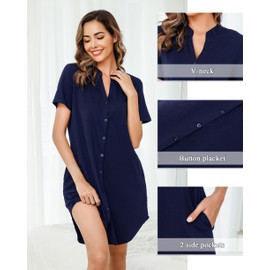 Vlazom Nighties for Women, Ladies Button Down Nightdress Short Sleeves Soft Casual Sleepshirt Nightshirt Loungewear Y-Navy Blue,M