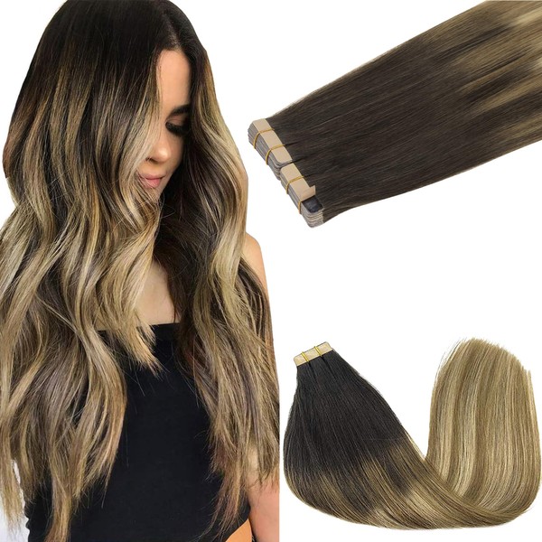 GOO GOO Real Hair Tape-In Extensions, Balayage Dark Brown to Chestnut Brown and Dirty Blonde, Remy Human Hair Extensions, Tape-In Natural Real Hair, 40 Pieces, 100 g, 45 cm