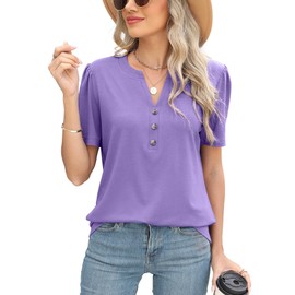 XMTOPYE Basic Tees for Women Summer Fashion 2025 Short Sleeve V Neck Button Shirts Loose Fit Trendy Basic Clothes Light Purple