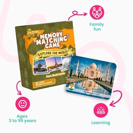 Menique Explore the World Memory Matching Game – 100 Cards (50 Pairs) with Famous Landmarks from 50 Countries – Includes Flag, Country & Place – Educa