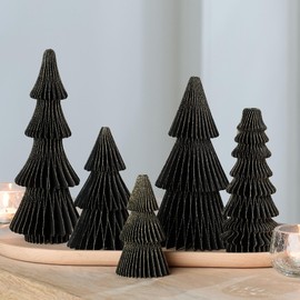 Honeycomb paper Black Set of 5 trees, minimalist Christmas tabletop trees, gold glitter edging, festive charm, holiday season mantel, winter (Small Set 5 Black)