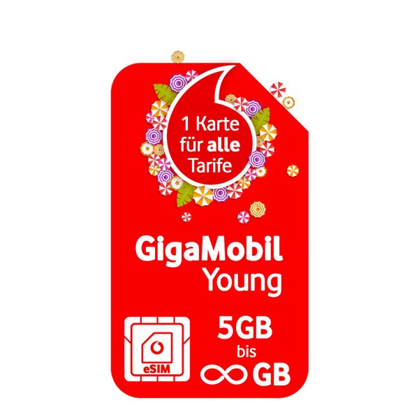 Vodafone Mobile radio tariff GigaMobil Young eSIM | 1 card for all tariffs | 5GB to unlimited data volume | action 24 x 20% tariff discount | 5G network | EU roaming | telephone SMS flat into the