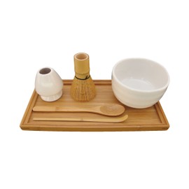 BambooMN Brand Matcha Bowl Set (Includes Bowl, Rest, Tea Whisk, Chasaku, Tea Spoon and Tray) 1 Set White by BambooMN