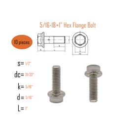 LBY - 10 tornillos hexagonales de brida de 5/16-18 x 1 pulgadas, tornillos hexagonales de brida de cabeza hexagonal, totalmente roscados, acero inoxidable 304 (plata)