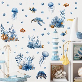 RoyoLam Underwater Sea Animal Wall Decals Removable Turtle Jellyfish Coral Vinyl Stickers for Nursery Kids Bedroom and Playroom Decor Peel and Stick Watercolor Wall Art