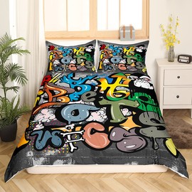 Loussiesd Street Graffiti Bedding Set with Zip, 3-Piece Sreet Art Design Duvet Cover, Hiphop Style, Soft Breathable Microfibre Bed Set with 2 Pillow Cases, Girls, Children, Couples