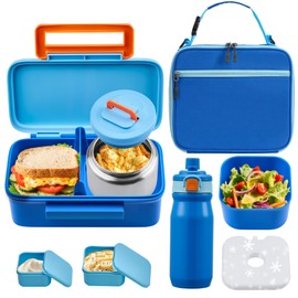 PIQUEBAR Kids Lunch Box with 8oz Thermo, Leakproof Bento Box with Insulated Bag, Kids Insulated Water Bottle, Food Lunch Container for Back to School Toddler Girls Boys, Blue