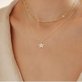 Robaice Gold Layered Necklaces for Women,Dainty 14K Gold Plated CZ Diamond Flower Pendant Necklace, Lip Chain Choker Necklaces Trendy Jewelry Gift for Women