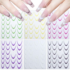 JERCLITY 6 Sheets Solid Color Gradient French Tip Nail Stickers, Self-Adhesive 6 Color French Stripes Line Stickers Guide Smiling French Lines Nail Art Designs French Tip Stencils for Nails(Design 1)