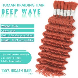 Copper 350# Human Braiding Hair 100g 20 Inch Deep Wave Bulk Human Hair for Braiding 12A Brazilian Curly Human Hair Extensions for Boho Braids No Weft Red Burgundy Braiding Hair Wet and Wavy