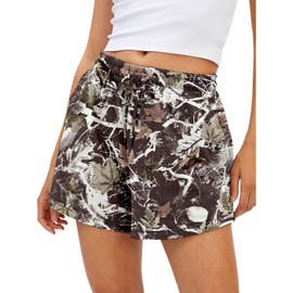Womens Camo Sweat Shorts Lounge Elastic Waist Maple Leaf Print Summer Athletic Drawstring Camo Shorts with Pockets (Black,X-Large)
