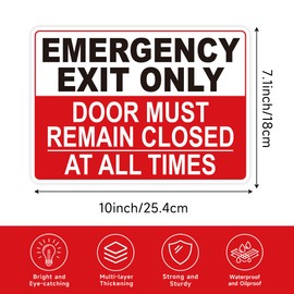Emergency Exit Only Signs Sticker，Self Adhesive UV, Weather, Scratch, Water & Fade Resistant Door Must Remain Closed At All Times sign for Business, Schools, Offices, Storage Rooms, Hospitals