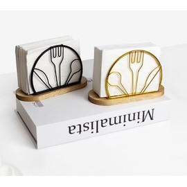 Zoyiancy 2pcs Napkin Holder, Standing Metal and Wood Napkin Holders for Table, Serviette Holder with Wood Base for Kitchen, Hotel Restaurants, Dining Countertops(Gold&Black)