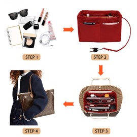 Surblue Felt Purse Organizer Insert, Tote Bag Organizer, Tote Shaper Insert With Zippers, Thicken and Portable Handbag in Bag for Speedy Neverfull PM MM, Red, M